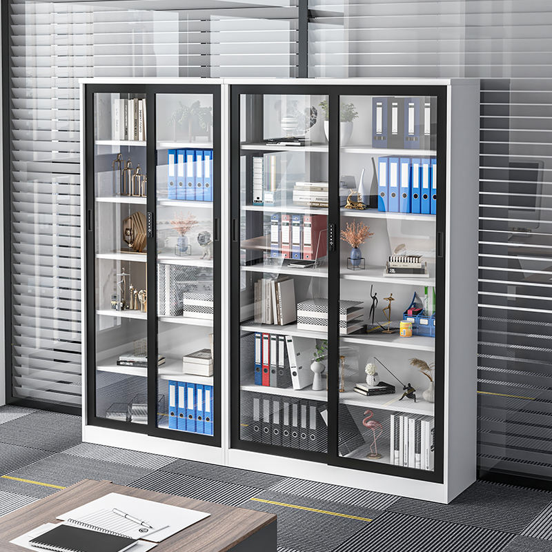 2 Doors metal environmental file storage cabinet, adjustable steel file cabinet with glass door, sliding design document cabinet