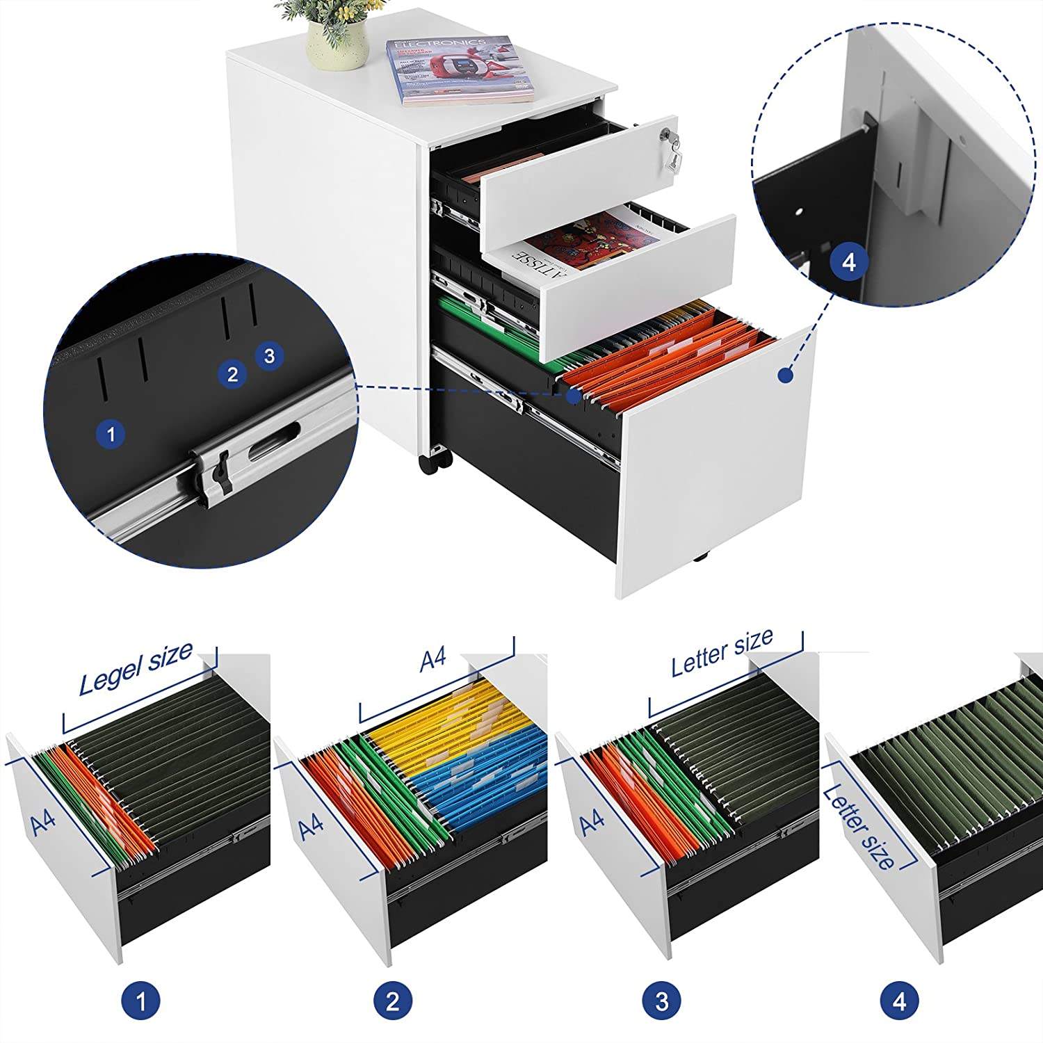 File cabinet movable metal mobile pedestal filing file home office