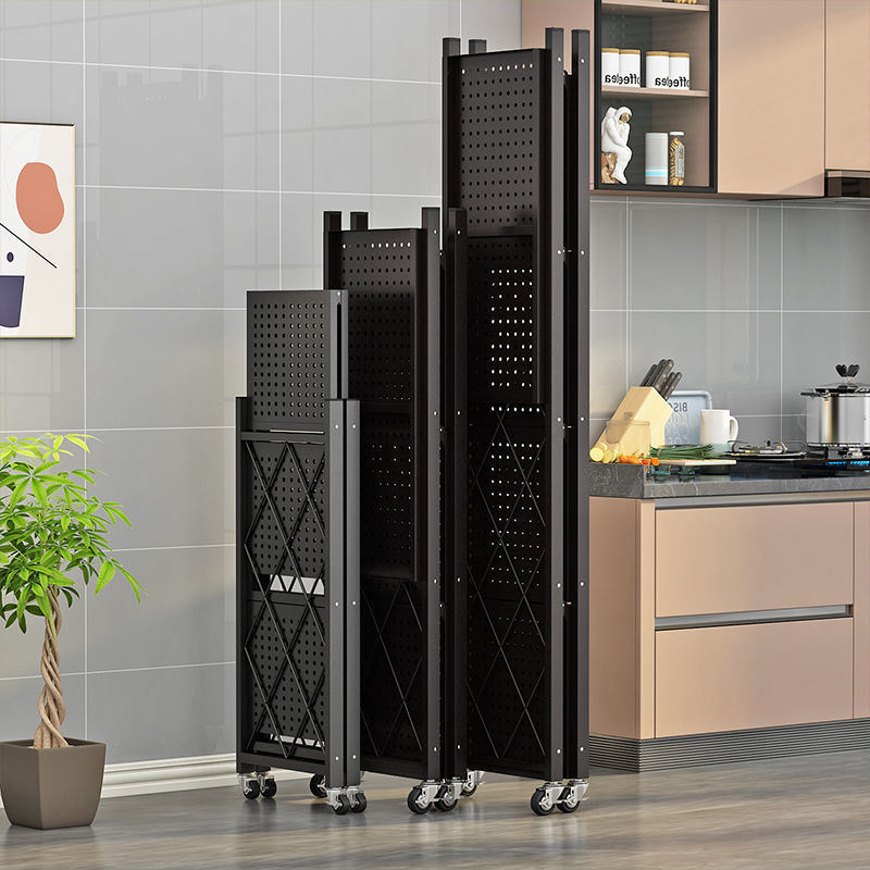 5 tier metal foldable storage rack with wheels, metal shelf organizer display rack for balcony kitchen, slim storage rack