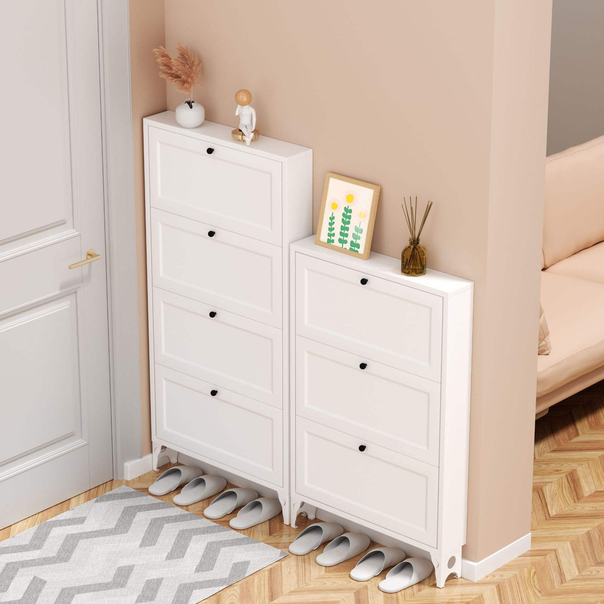 Factory Direct Sales Rattan Shoe Cabinet with 2 / 3 / 4 Flip Drawers Metal Door Narrow Shoe Storage Cabinet for Entryway