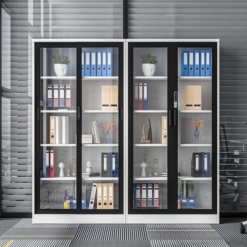 2 Doors metal environmental file storage cabinet, adjustable steel file cabinet with glass door, sliding design document cabinet