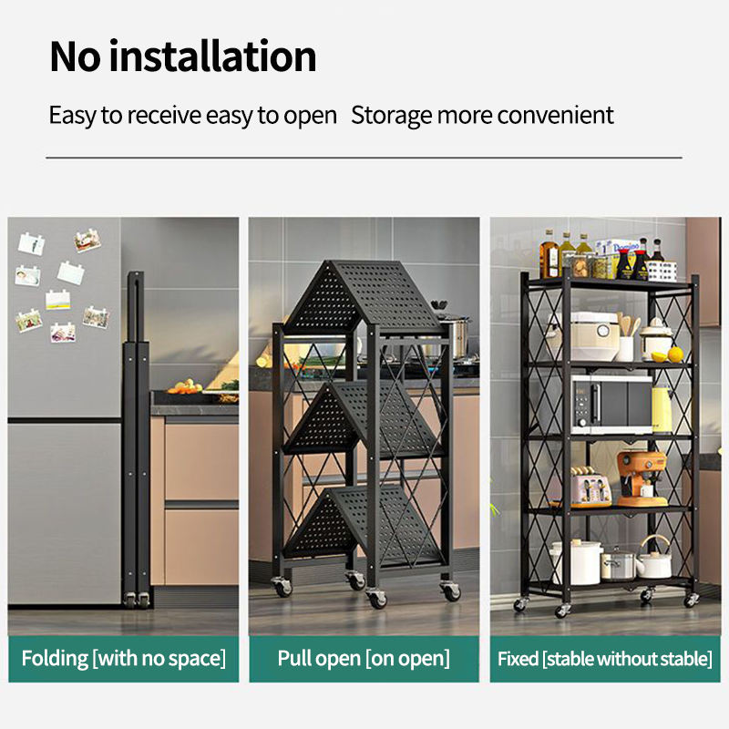 5 tier metal foldable storage rack with wheels, metal shelf organizer display rack for balcony kitchen, slim storage rack