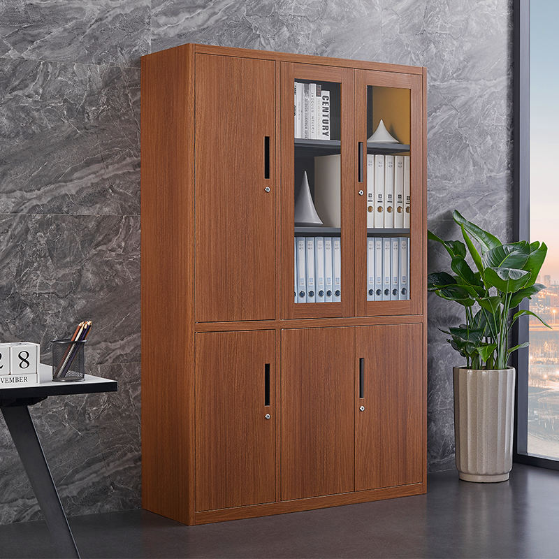 Modern storage custom steel cabinet metal office wood grain transfer printing filing furniture bookcase