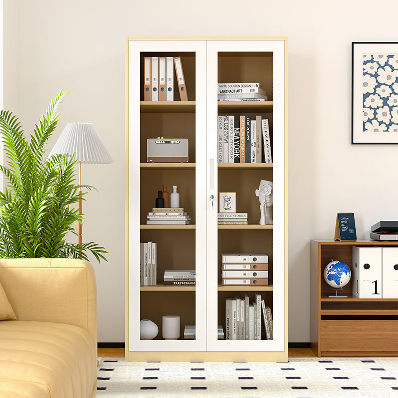 Office Use wood like Cabinet swing glass door wood grain metal filing cabinet with 4 adjustable shelves