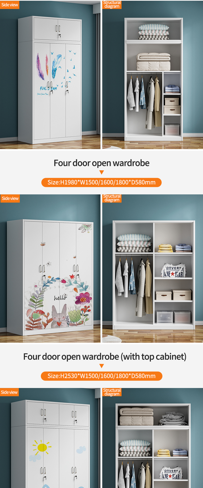 Four door open wardrobe (with top cabinet)