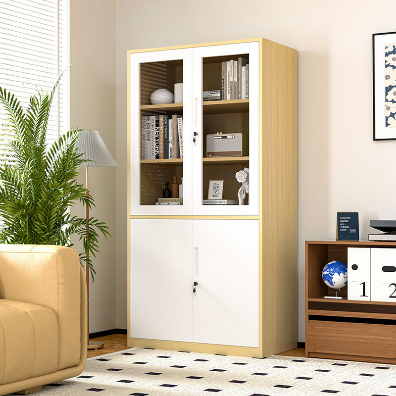 China Factory Vertical Metal Storage Wood Grain Cabinet Glass Doors Large Filing Cabinets for Hospital Office