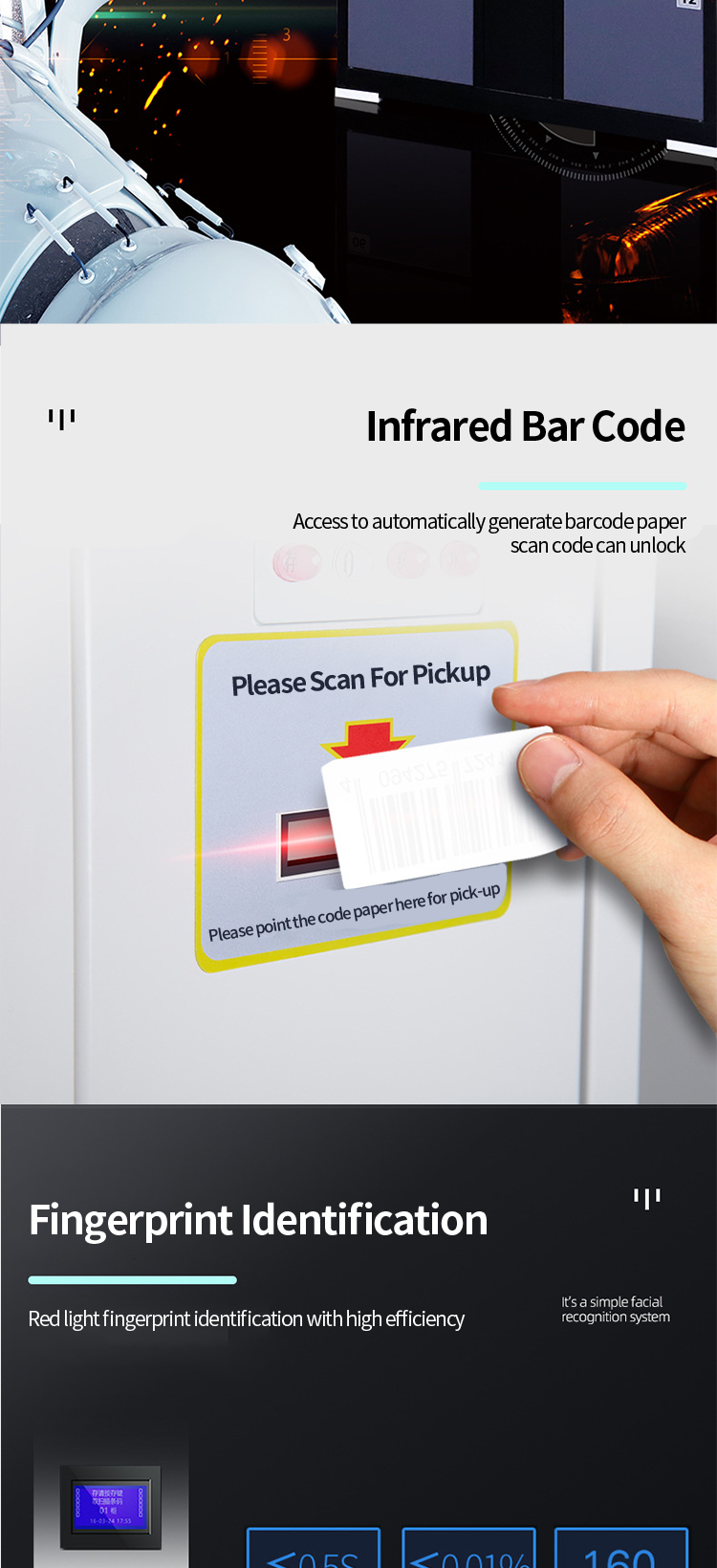 Cabinet with barcode and fingerprint