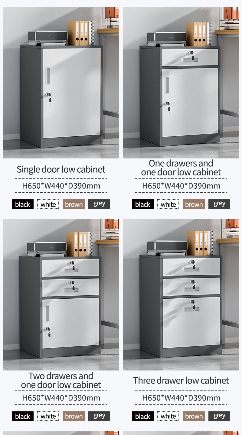 Different styles of low cabinets.