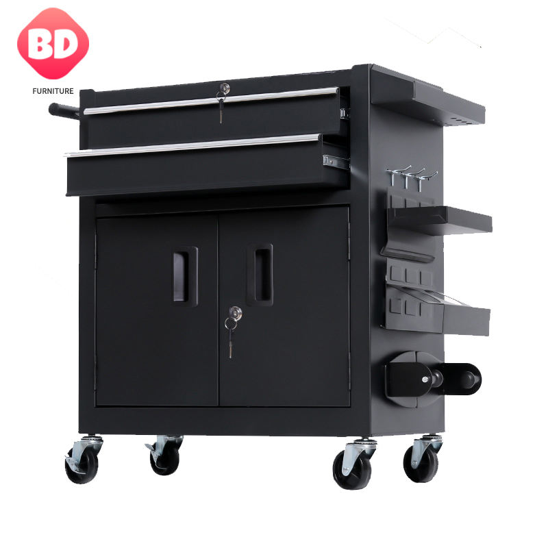2 Drawers and 2 Doors Mobile Tool Cabinet Tin Tool Car Rolling Metal Trolley Multi-function Cart