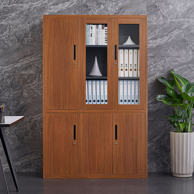 Modern storage custom steel cabinet metal office wood grain transfer printing filing furniture bookcase