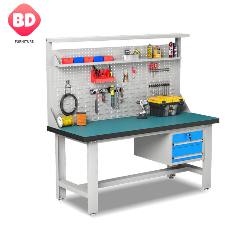 Metal steel workbench with 2 drawer and light, antistatic tool workbench for lab and workshop, custom assemble workbench