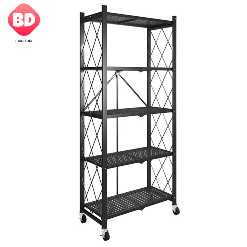 5 tier metal foldable storage rack with wheels, metal shelf organizer display rack for balcony kitchen, slim storage rack