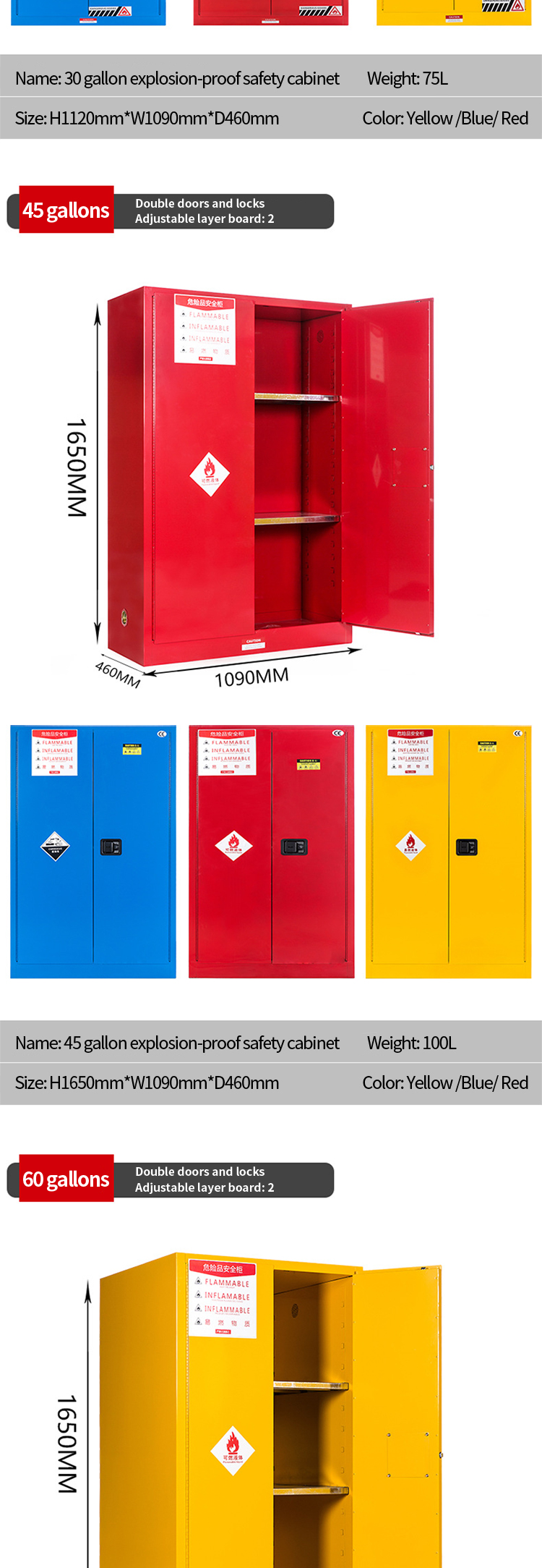 Industrial Explosion Proof Flammable Steel Safety Chemical Storage Cabinet Of Toxic Chemicals With Lock .