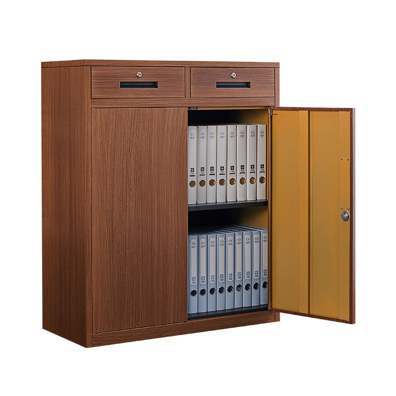 Modern design wood like color metal filing cabinet with 2 drawers and shelves adjustable steel office storage cupboard