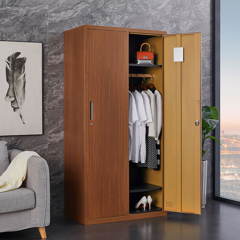 Hot sale 2 doors steel storage locker cabinet Factory printing reinforced transfer Wood Grain wardrobe