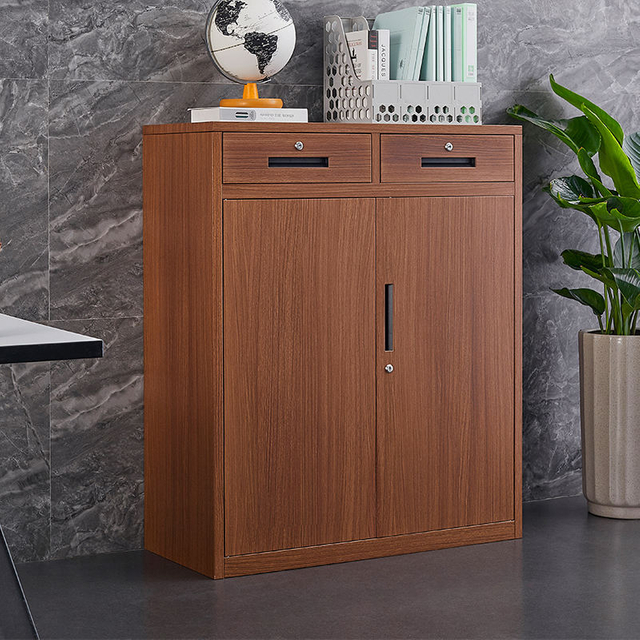 Modern design wood like color metal filing cabinet with 2 drawers and shelves adjustable steel office storage cupboard