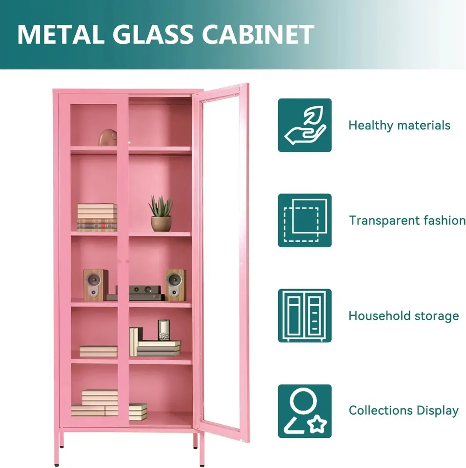 Modern Fashion Metal Home Glass Door Bookcase Living Room Balcony Storage Cabinet with Standing Feet