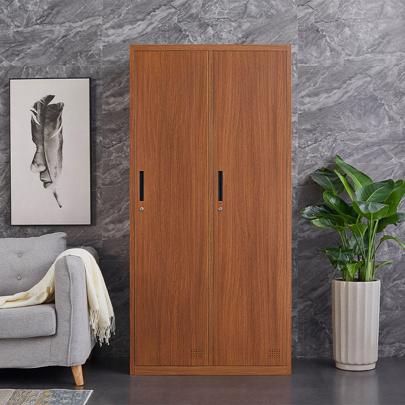 Hot sale 2 doors steel storage locker cabinet Factory printing reinforced transfer Wood Grain wardrobe