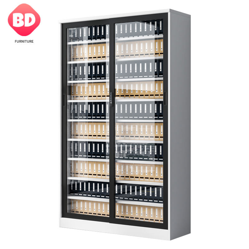 2 Doors metal environmental file storage cabinet, adjustable steel file cabinet with glass door, sliding design document cabinet