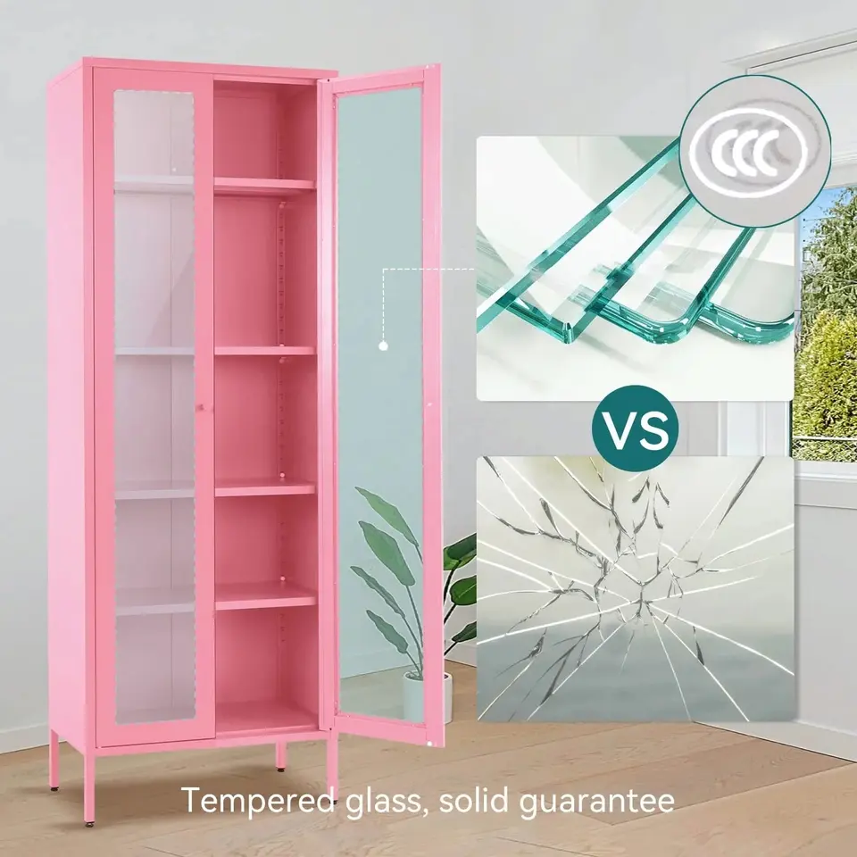 A multi-color low cabinet with high-looking glass doors suitable for living rooms and bedrooms