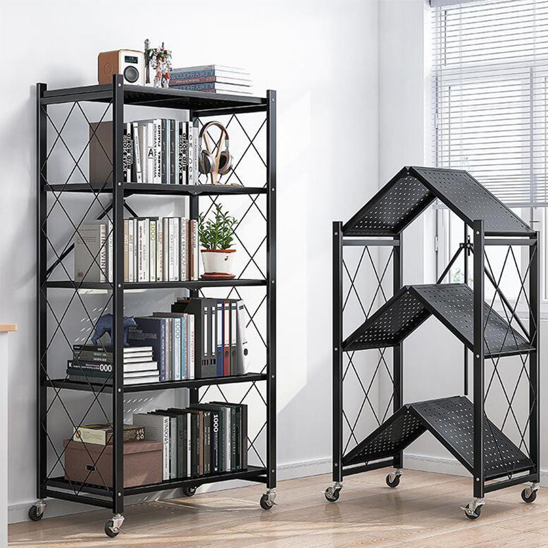 5 tier metal foldable storage rack with wheels, metal shelf organizer display rack for balcony kitchen, slim storage rack